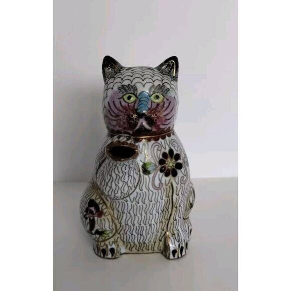 Vintage Figural Cat Cloisonné Teapot 5.5 in L x 5in H x 3in W - Picture 2 of 6